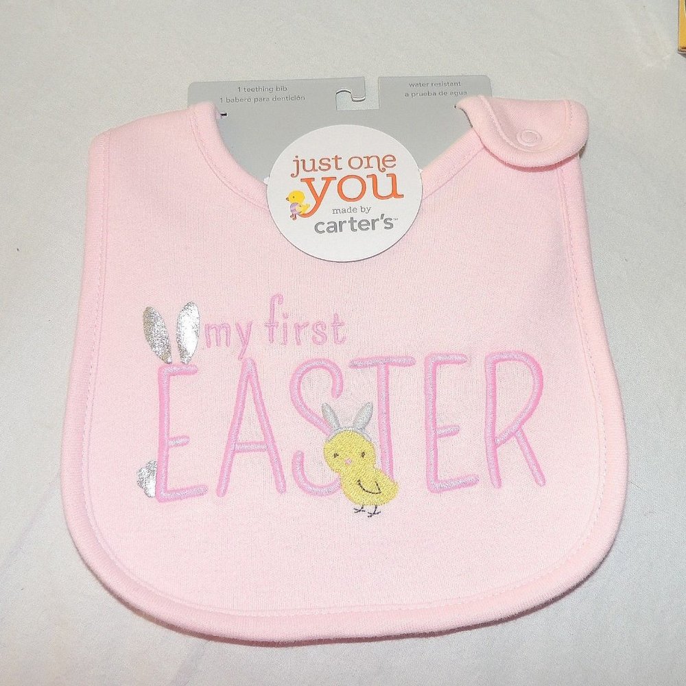 Baby Girl My First Easter Bunny Bib Pink Chick Spring Water Resistant NEW